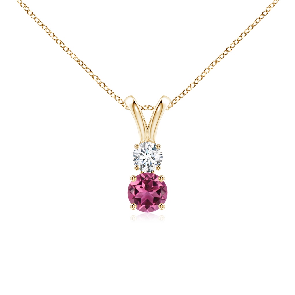 4mm AAAA Round Pink Tourmaline and Diamond Two Stone Pendant in Yellow Gold