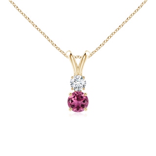 4mm AAAA Round Pink Tourmaline and Diamond Two Stone Pendant in Yellow Gold