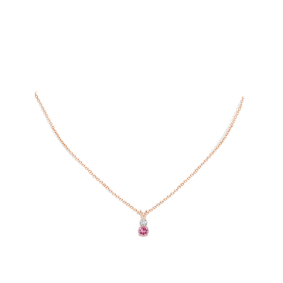 5mm AAA Round Pink Tourmaline and Diamond Two Stone Pendant in Rose Gold body-neck