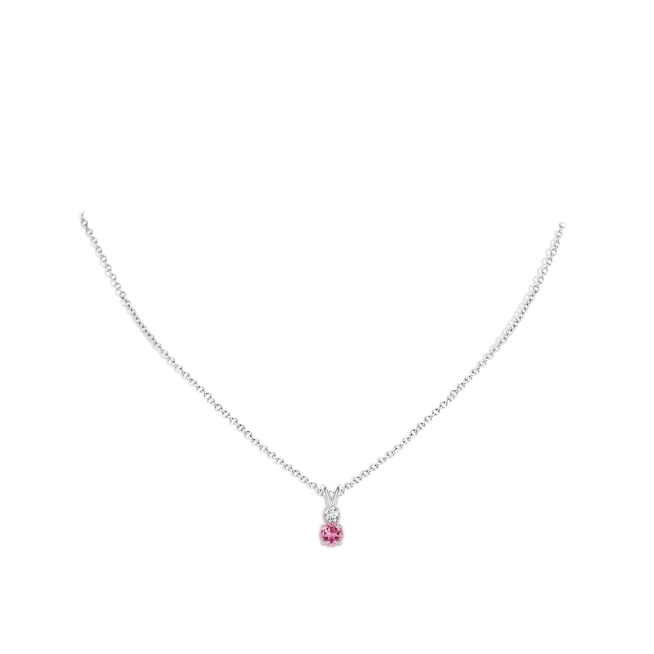 5mm AAA Round Pink Tourmaline and Diamond Two Stone Pendant in White Gold body-neck