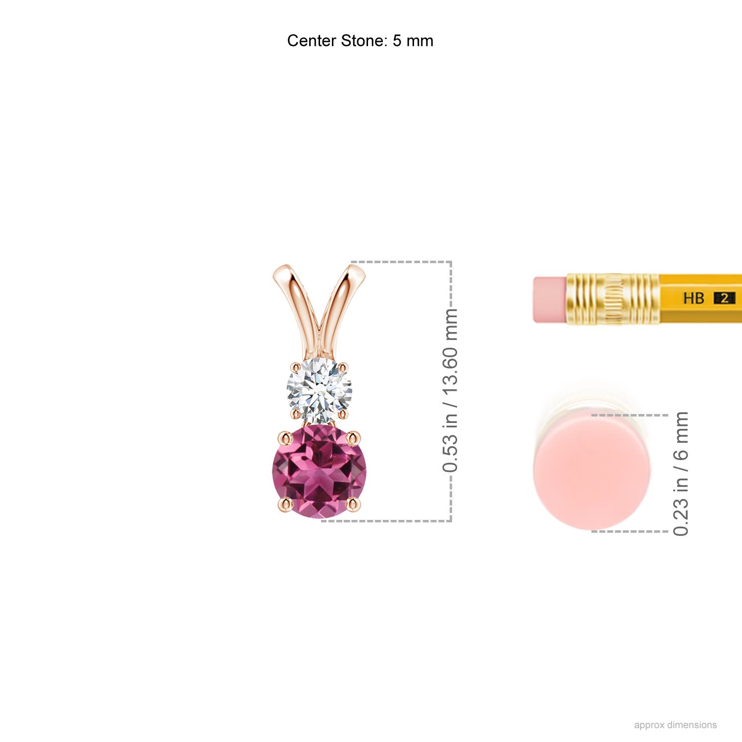 5mm AAAA Round Pink Tourmaline and Diamond Two Stone Pendant in Rose Gold - ruler