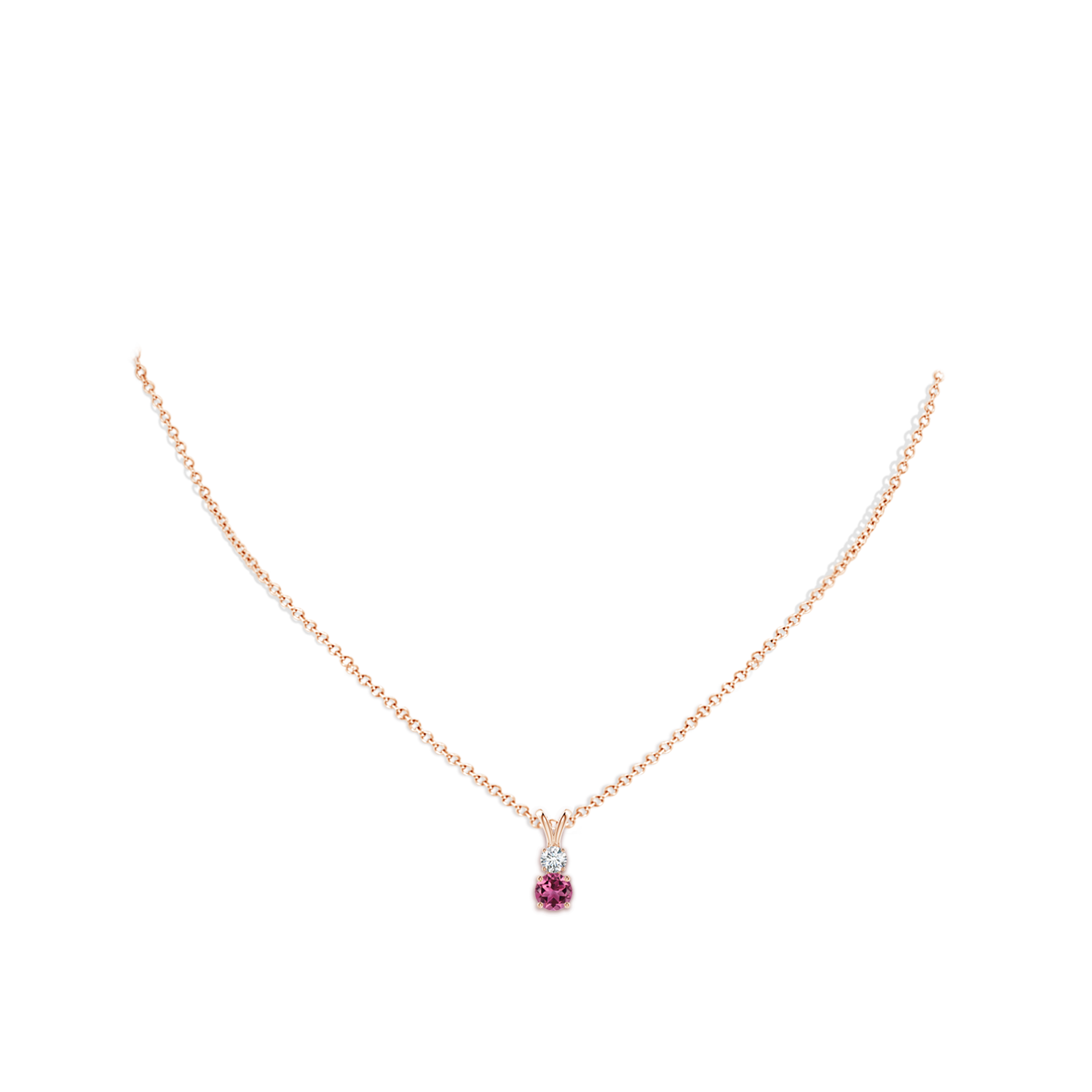 5mm AAAA Round Pink Tourmaline and Diamond Two Stone Pendant in Rose Gold - body_neck