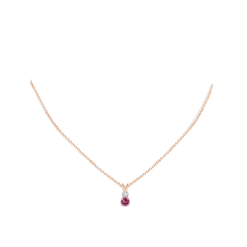 5mm AAAA Round Pink Tourmaline and Diamond Two Stone Pendant in Rose Gold body-neck