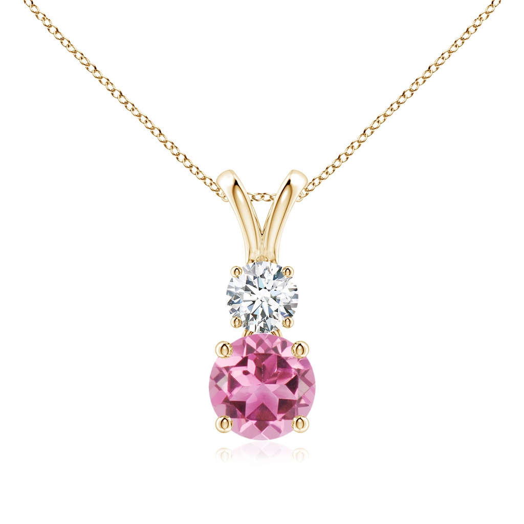 6mm AAA Round Pink Tourmaline and Diamond Two Stone Pendant in Yellow Gold