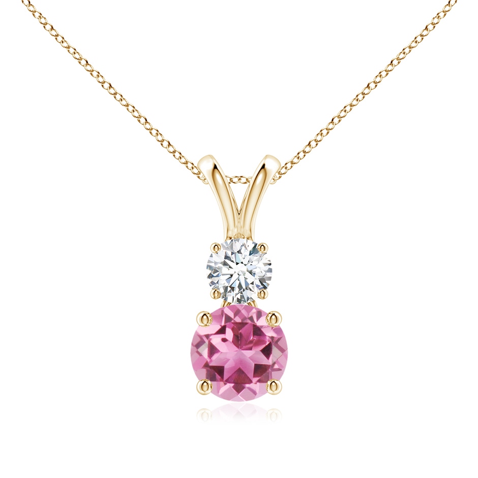 6mm AAA Round Pink Tourmaline and Diamond Two Stone Pendant in Yellow Gold 