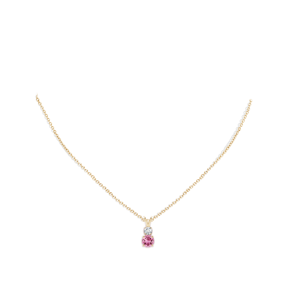 6mm AAA Round Pink Tourmaline and Diamond Two Stone Pendant in Yellow Gold body-neck