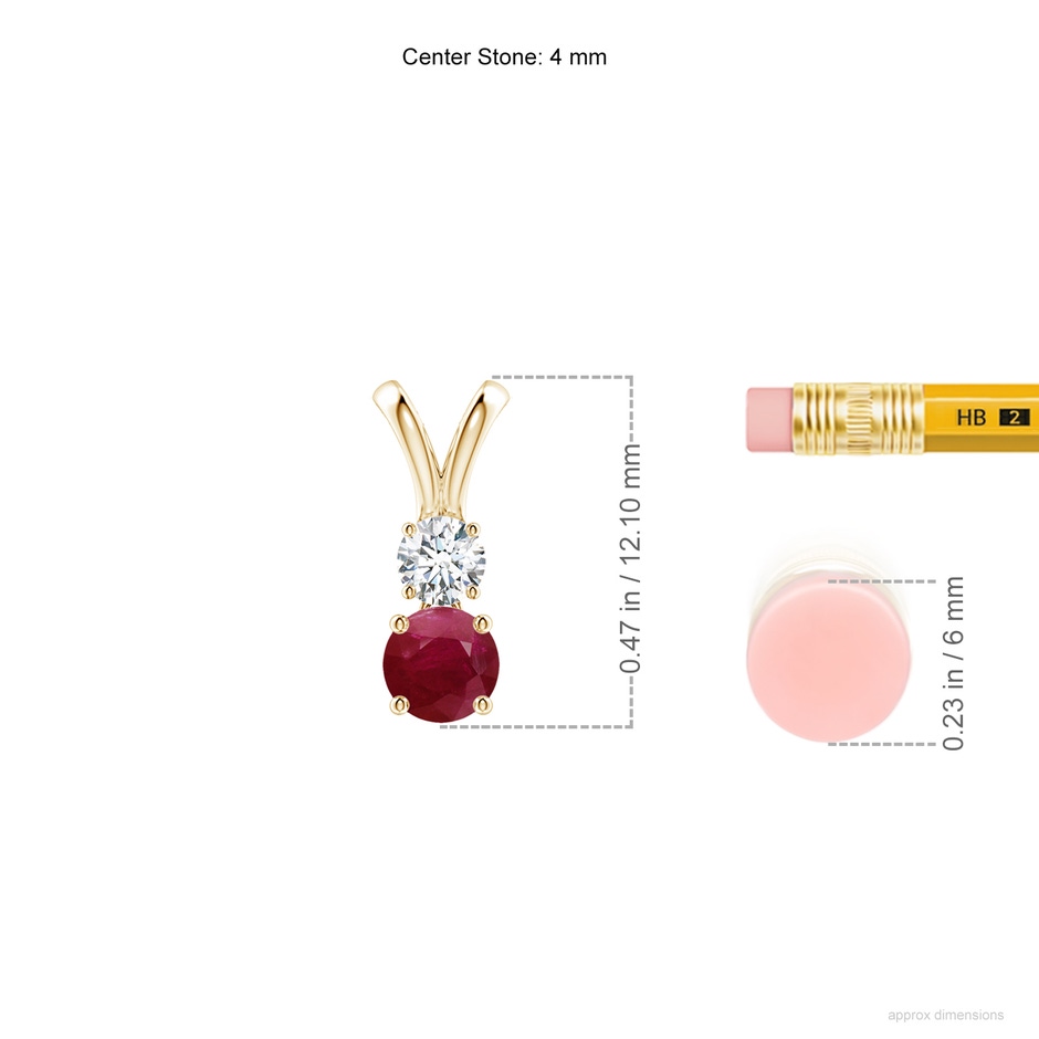 4mm A Round Ruby and Diamond Two Stone Pendant in 18K Yellow Gold ruler