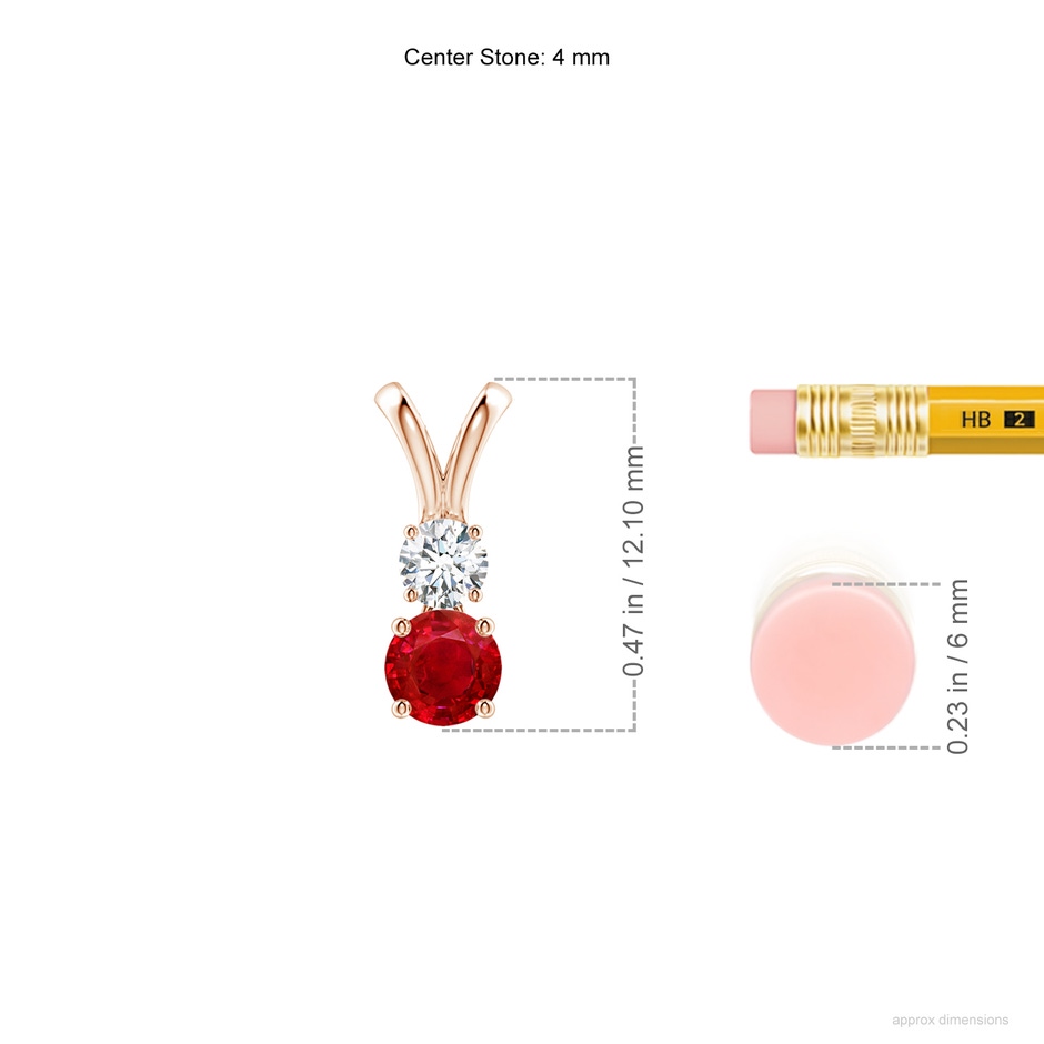 4mm AAA Round Ruby and Diamond Two Stone Pendant in Rose Gold ruler