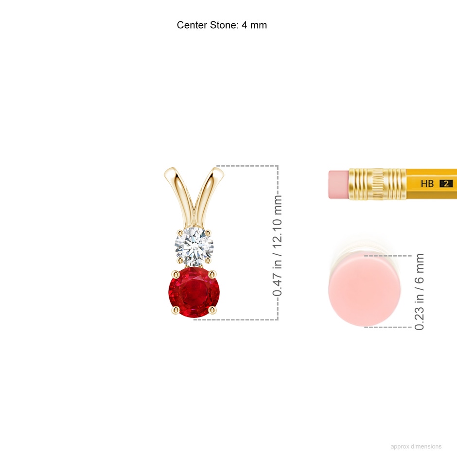 4mm AAA Round Ruby and Diamond Two Stone Pendant in Yellow Gold ruler