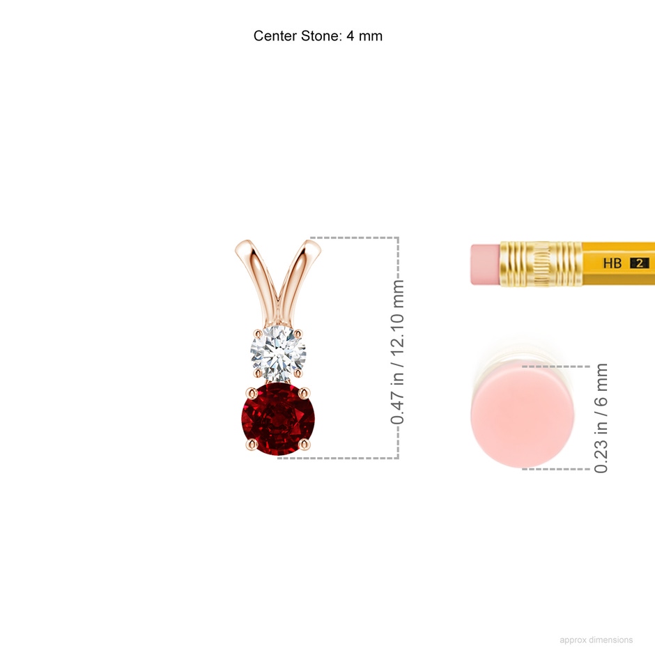 4mm AAAA Round Ruby and Diamond Two Stone Pendant in Rose Gold ruler