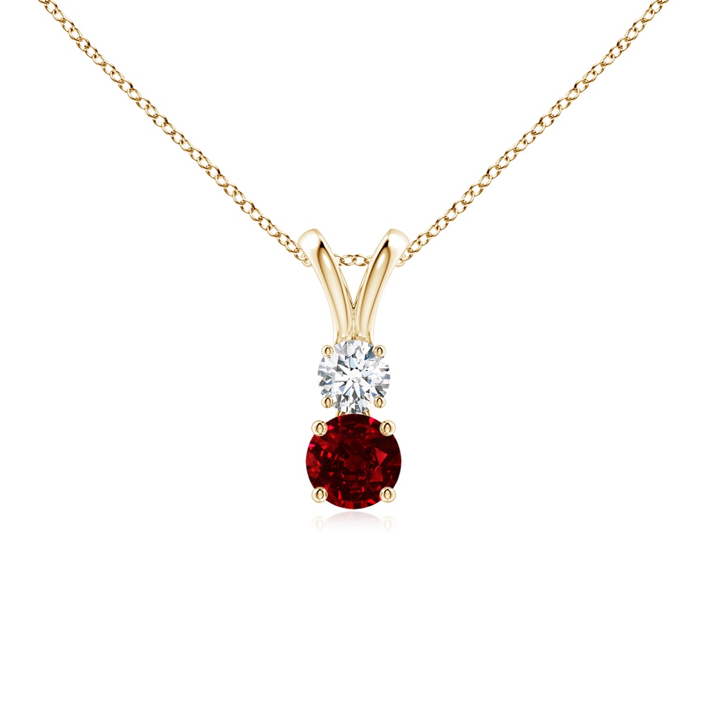 4mm AAAA Round Ruby and Diamond Two Stone Pendant in Yellow Gold
