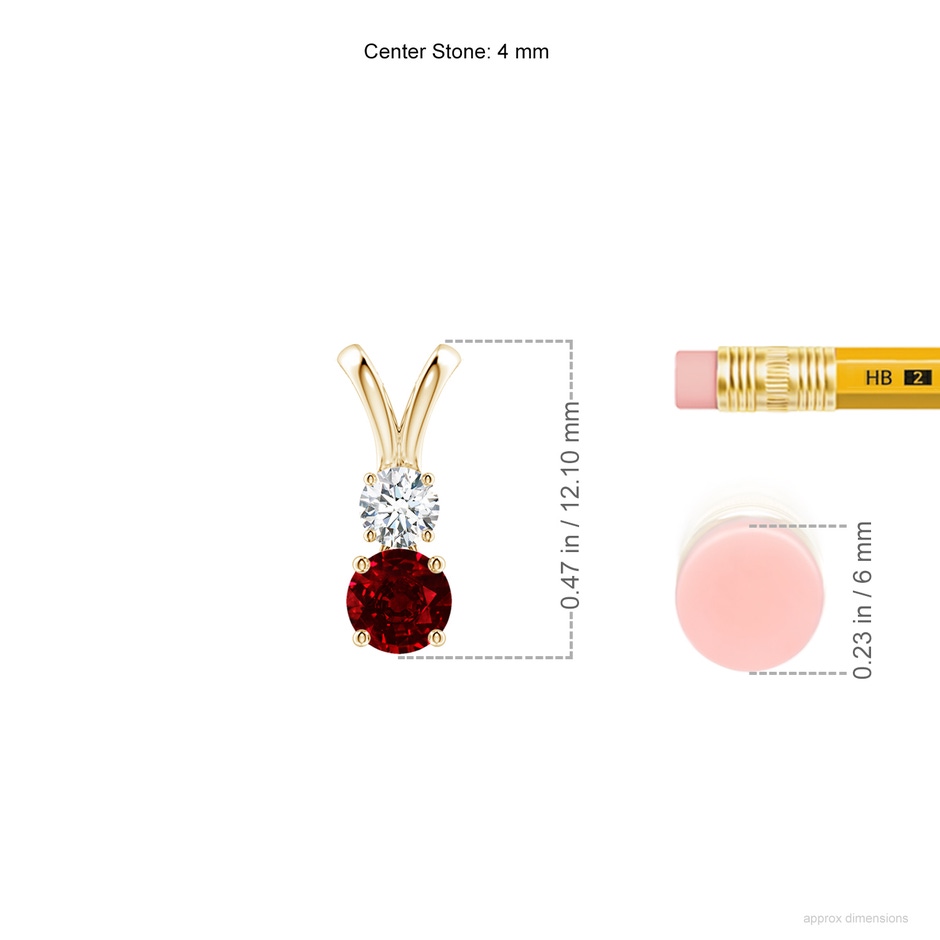 4mm AAAA Round Ruby and Diamond Two Stone Pendant in Yellow Gold ruler