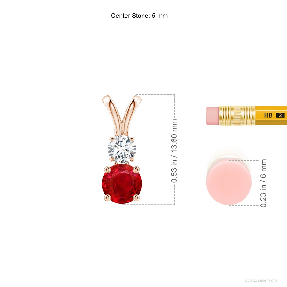 5mm AAA Round Ruby and Diamond Two Stone Pendant in Rose Gold ruler