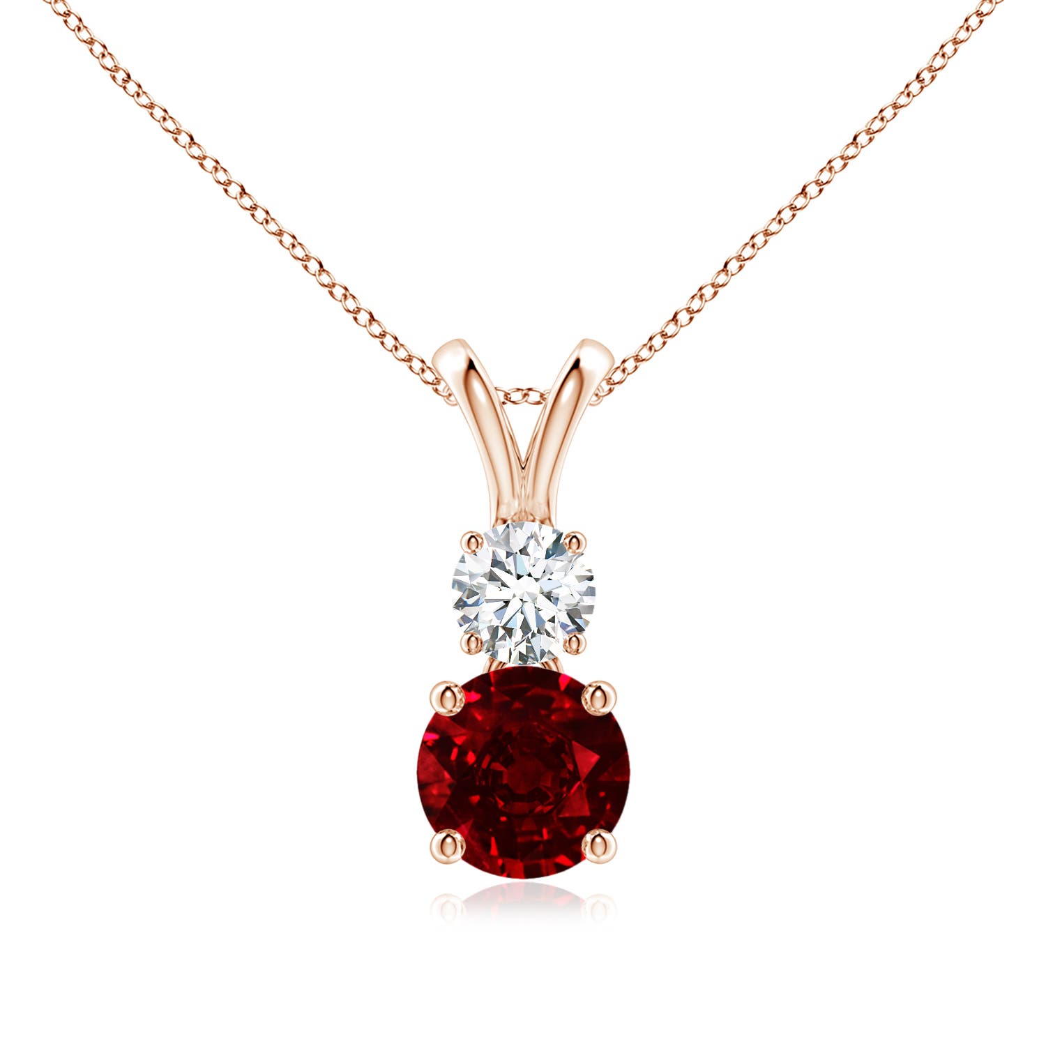 6mm AAAA Round Ruby and Diamond Two Stone Pendant in Rose Gold