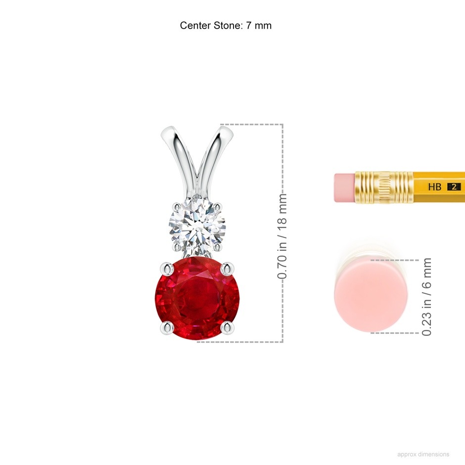 7mm AAA Round Ruby and Diamond Two Stone Pendant in White Gold ruler