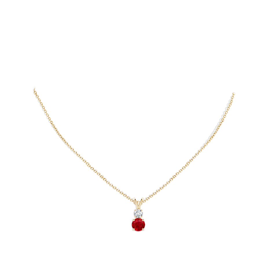 7mm AAA Round Ruby and Diamond Two Stone Pendant in Yellow Gold pen