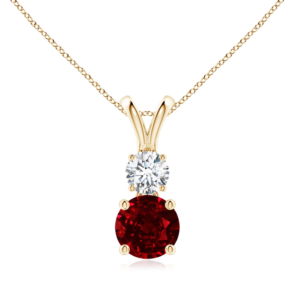7mm AAAA Round Ruby and Diamond Two Stone Pendant in Yellow Gold 