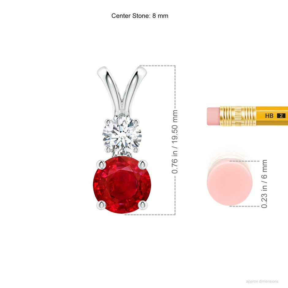 8mm AAA Round Ruby and Diamond Two Stone Pendant in P950 Platinum ruler