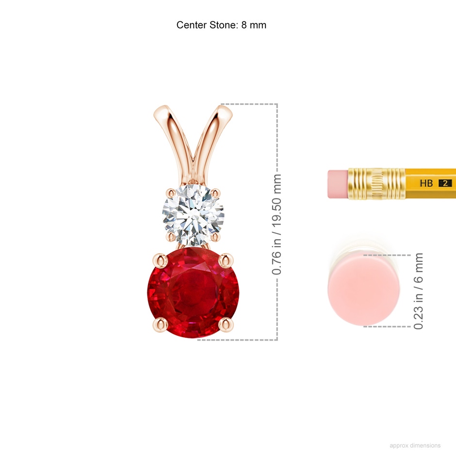 8mm AAA Round Ruby and Diamond Two Stone Pendant in Rose Gold ruler