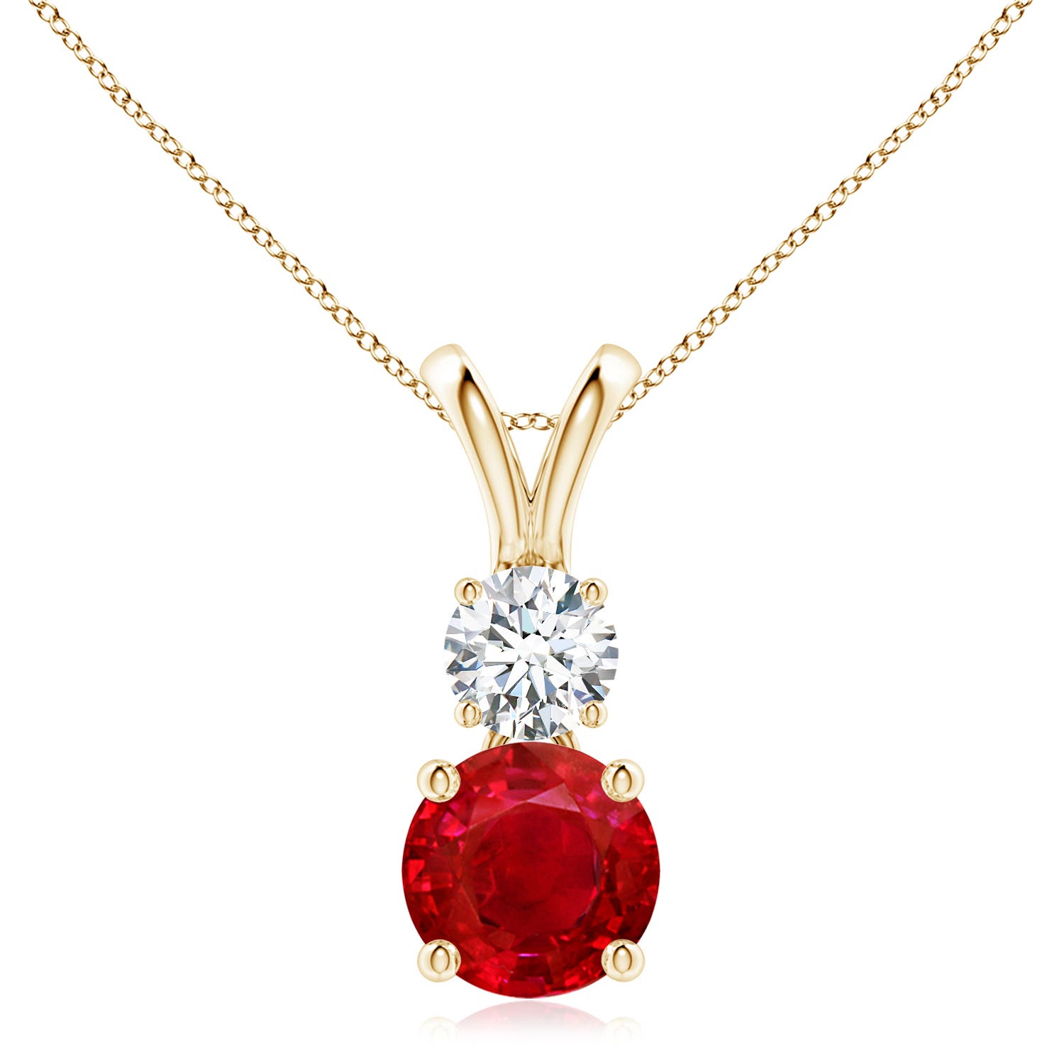 8mm AAA Round Ruby and Diamond Two Stone Pendant in Yellow Gold