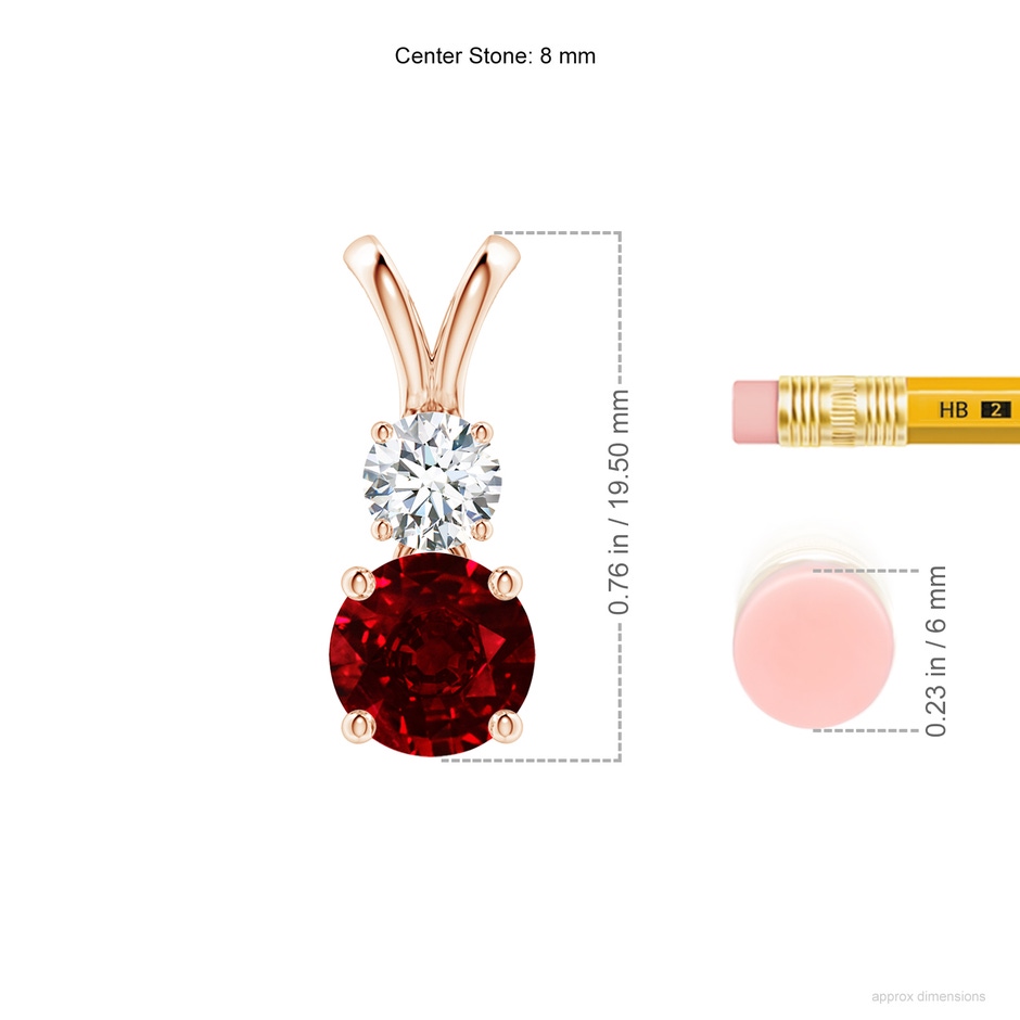 8mm AAAA Round Ruby and Diamond Two Stone Pendant in Rose Gold ruler