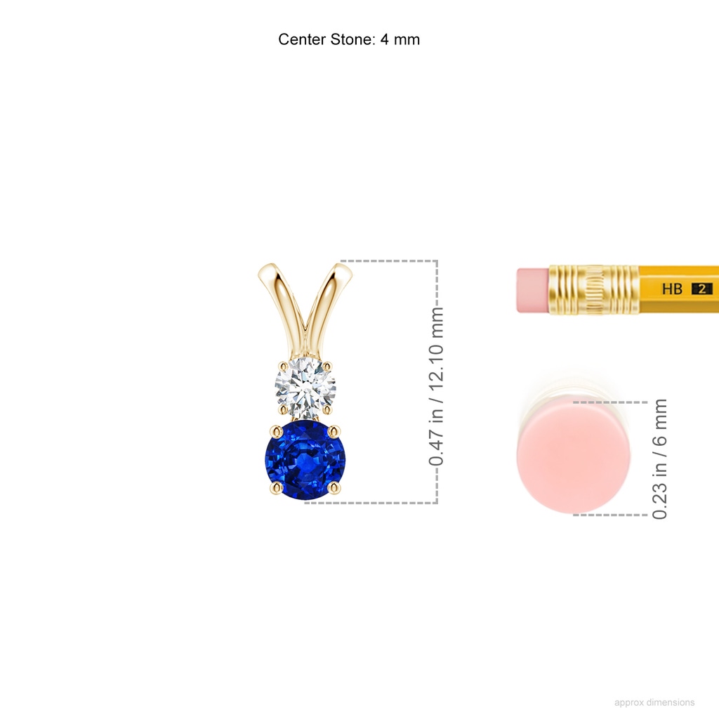 4mm AAAA Round Sapphire and Diamond Two Stone Pendant in Yellow Gold ruler