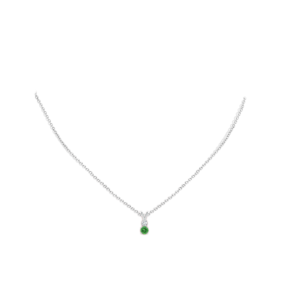 4mm AAAA Round Tsavorite and Diamond Two Stone Pendant in S999 Silver body-neck