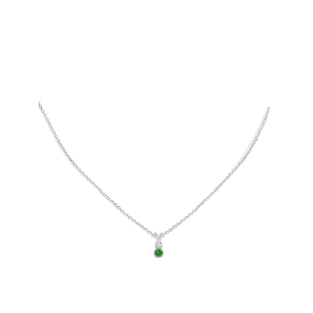 4mm AAAA Round Tsavorite and Diamond Two Stone Pendant in White Gold Body-Neck