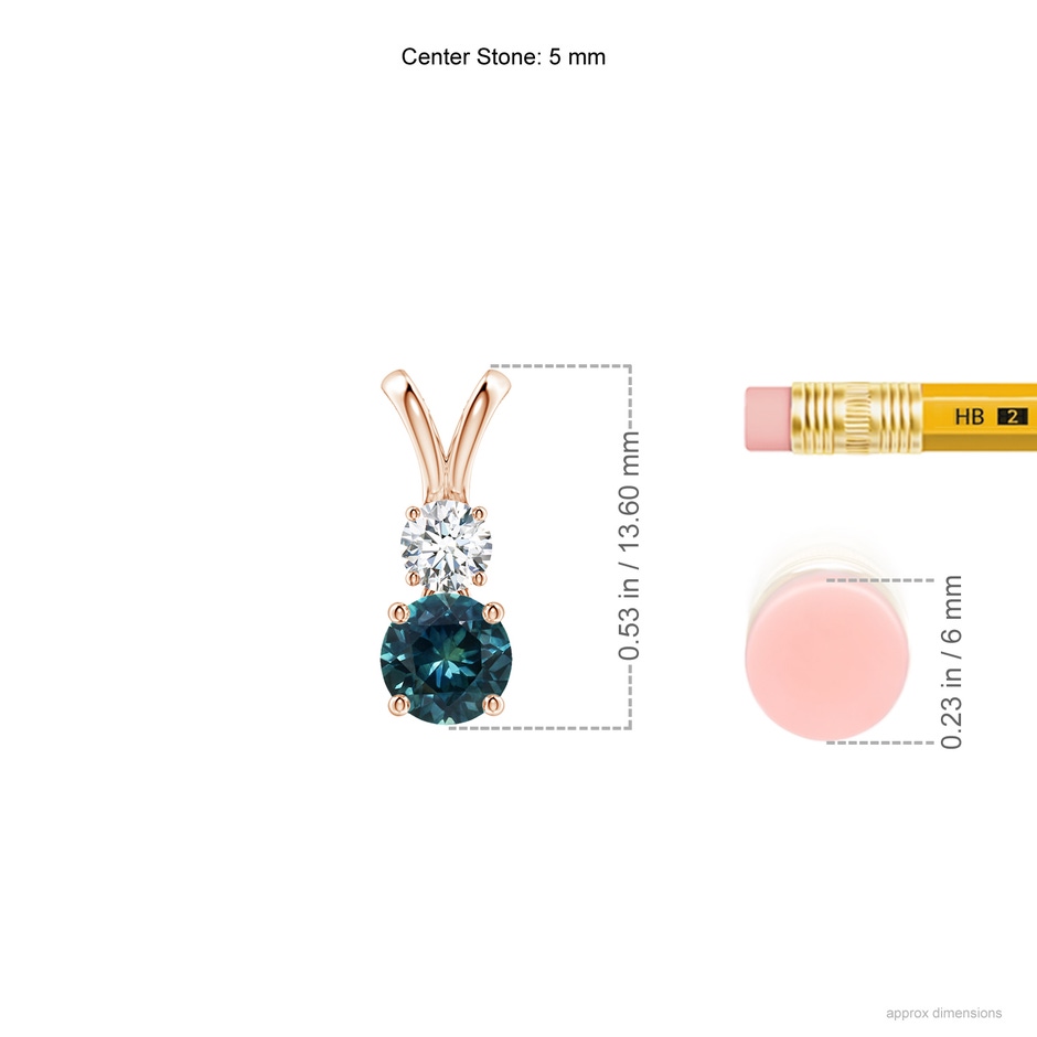 5mm AAA Round Teal Montana Sapphire and Diamond Two Stone Pendant in Rose Gold ruler