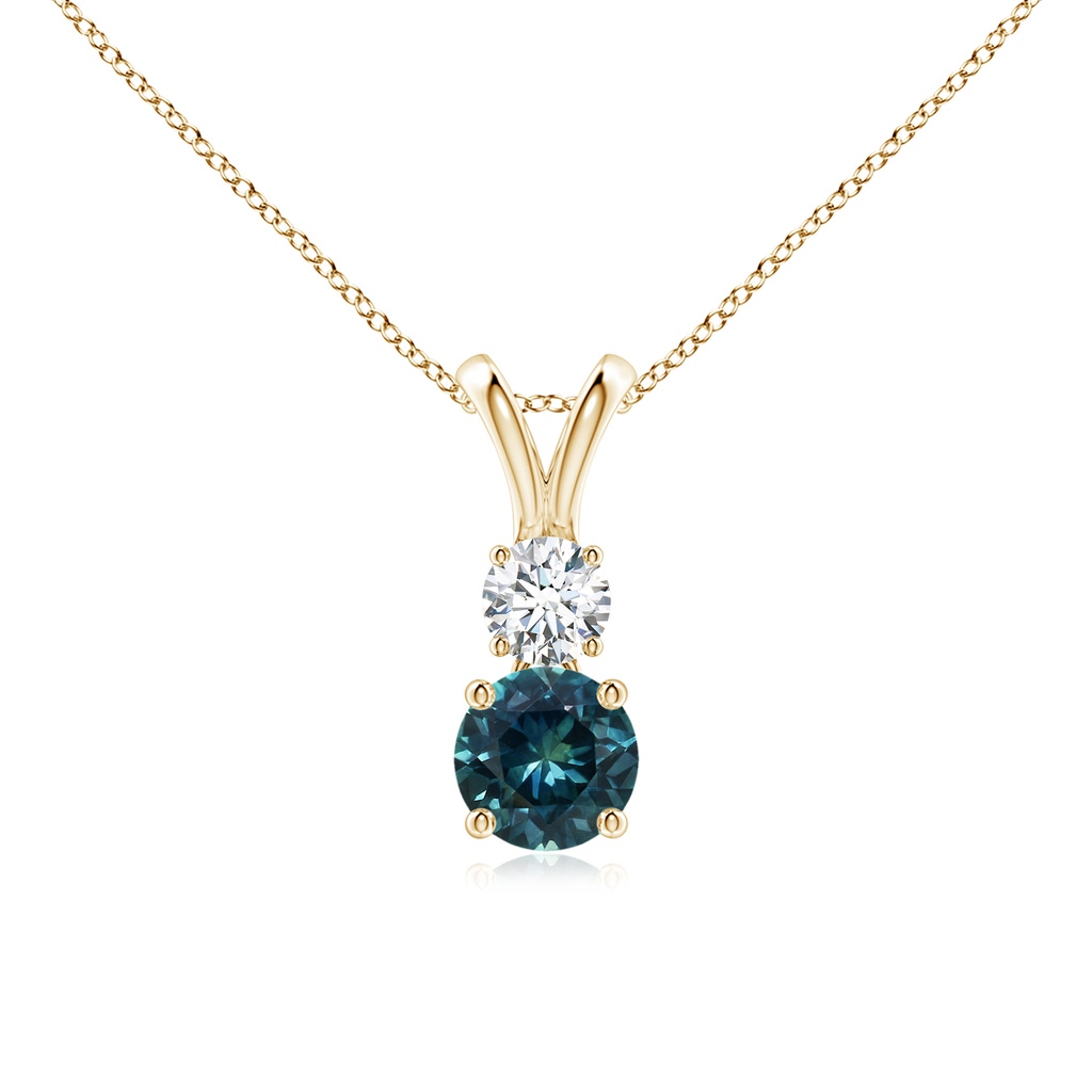 5mm AAA Round Teal Montana Sapphire and Diamond Two Stone Pendant in Yellow Gold