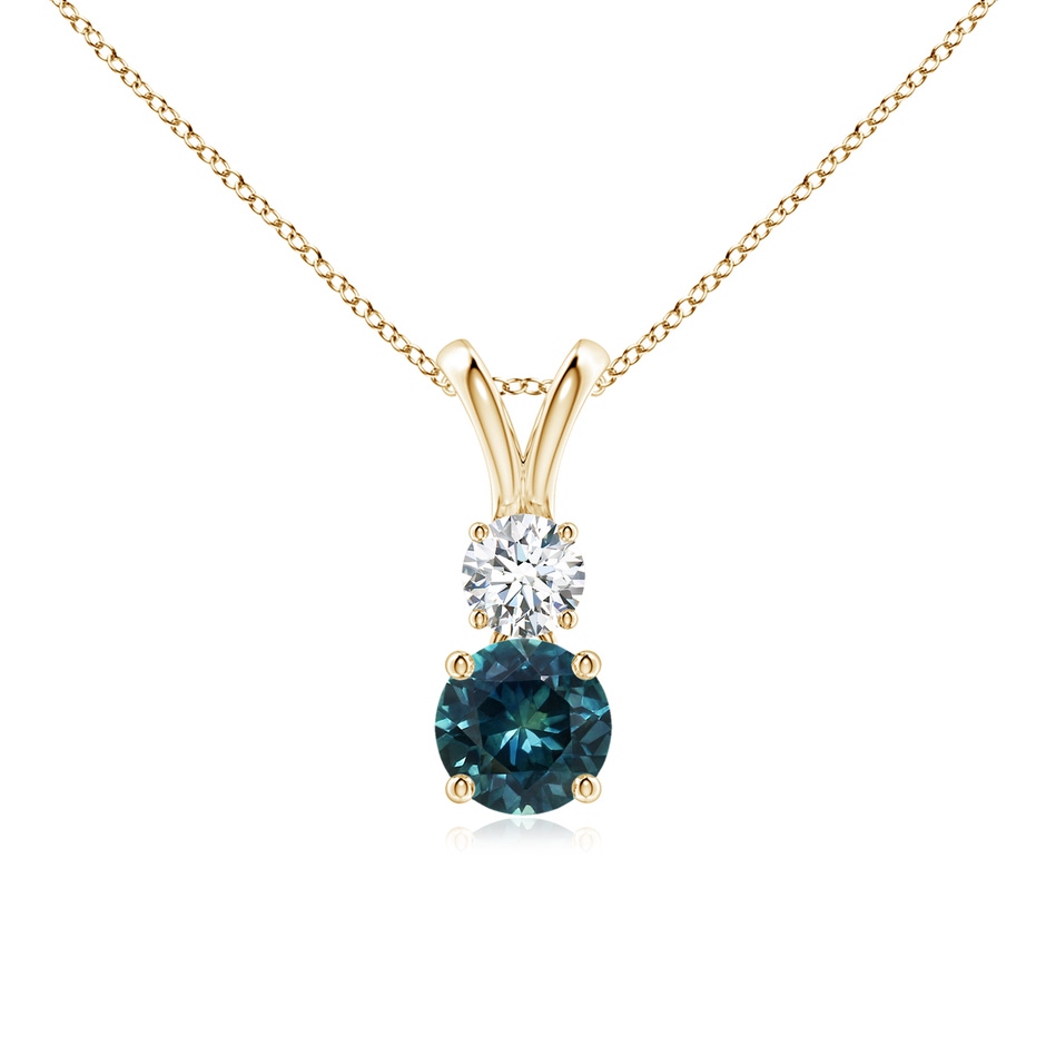 5mm AAA Round Teal Montana Sapphire and Diamond Two Stone Pendant in Yellow Gold 