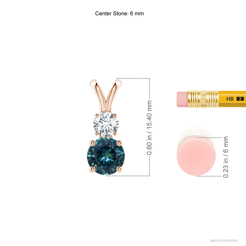 6mm AAA Round Teal Montana Sapphire and Diamond Two Stone Pendant in Rose Gold ruler