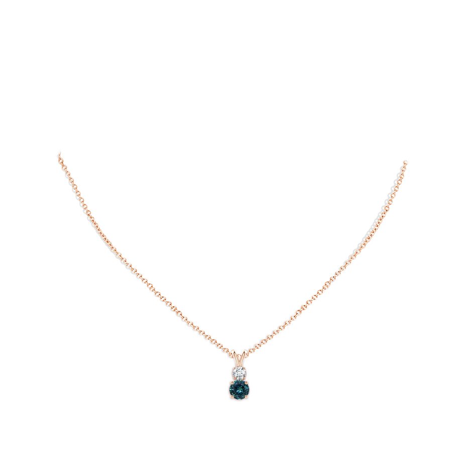 6mm AAA Round Teal Montana Sapphire and Diamond Two Stone Pendant in Rose Gold body-neck