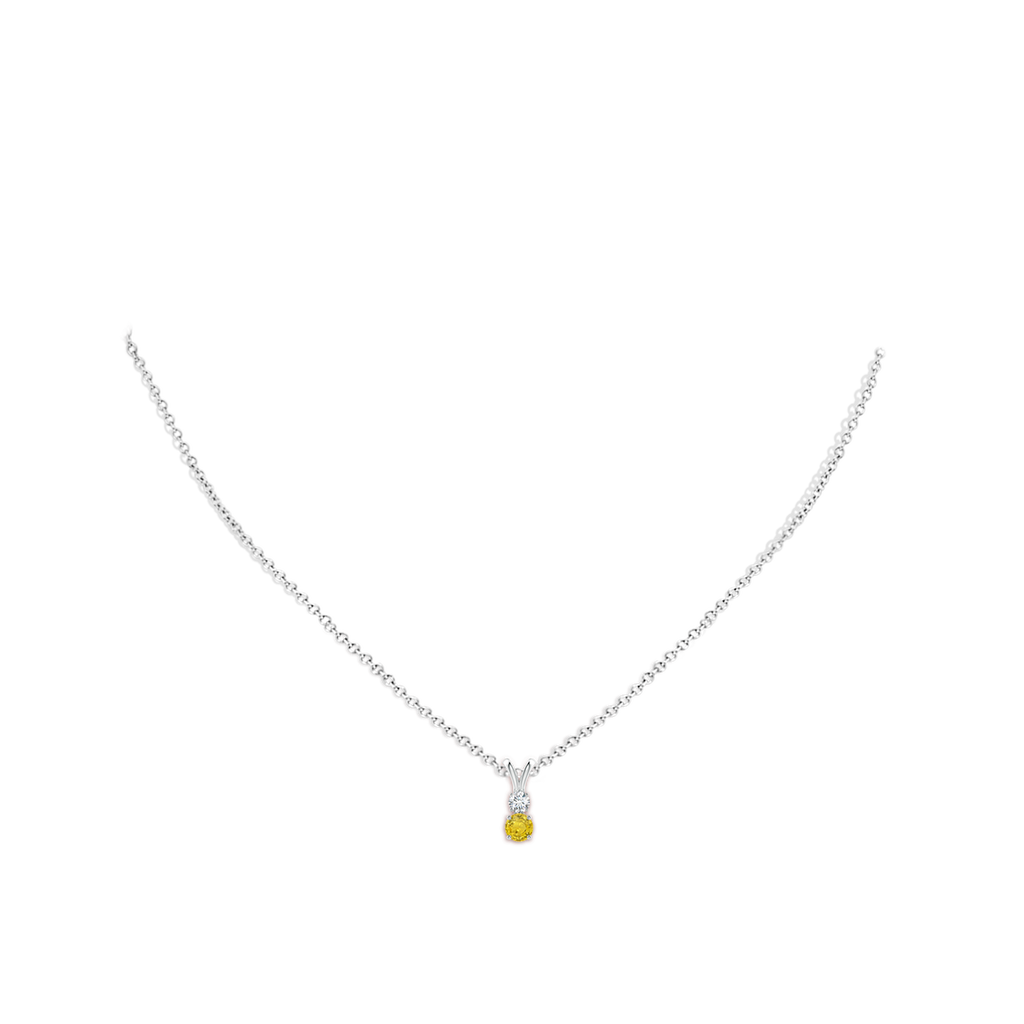 4mm AAA Round Yellow Sapphire and Diamond Two Stone Pendant in White Gold Body-Neck