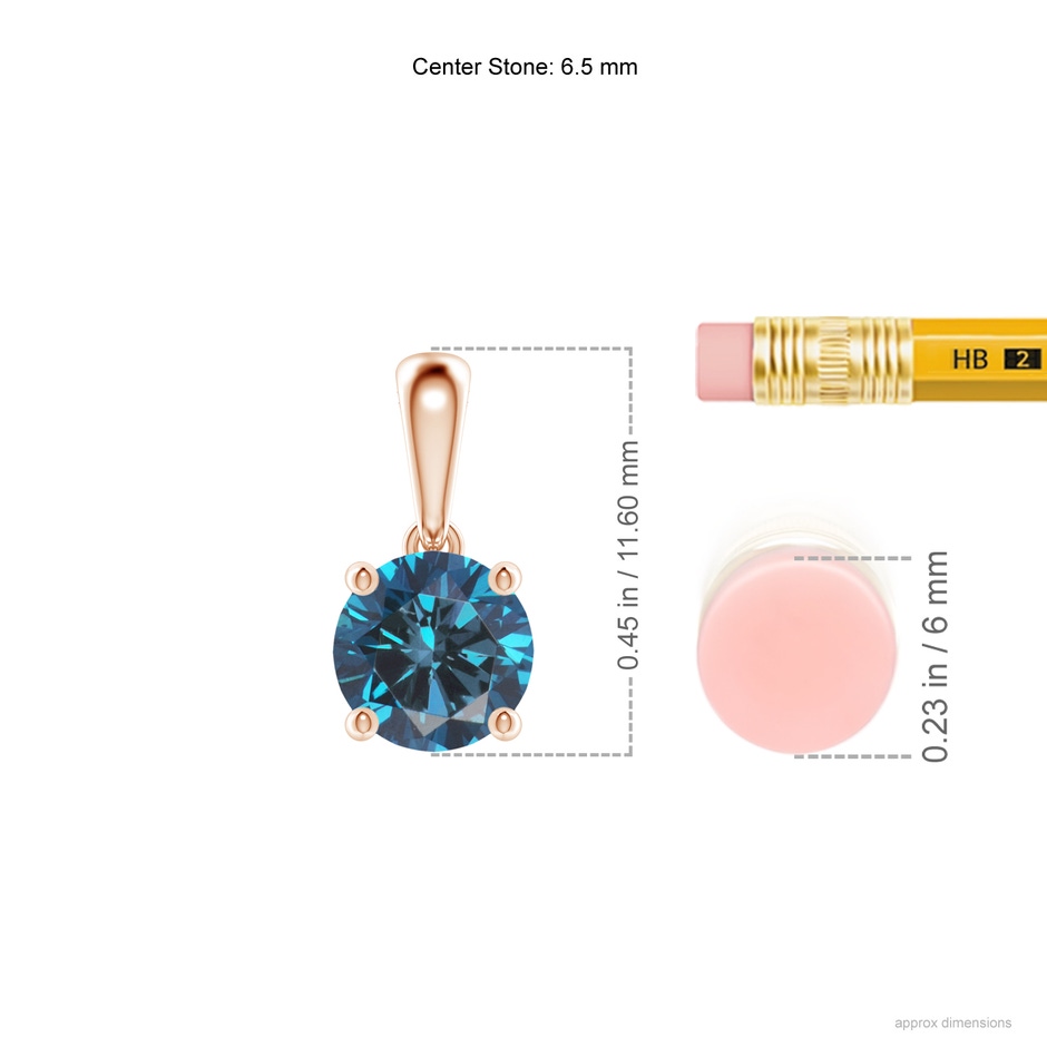 6.5mm AAA Classic Round Blue Diamond Solitaire Pendant in Rose Gold ruler