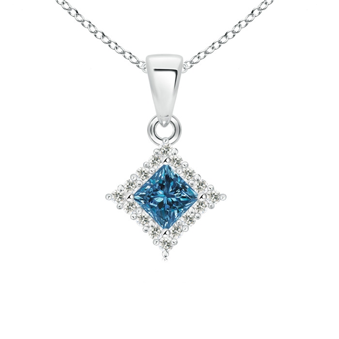 4mm AAA Classic Princess-Cut Blue Diamond Pendant with Halo in White Gold 