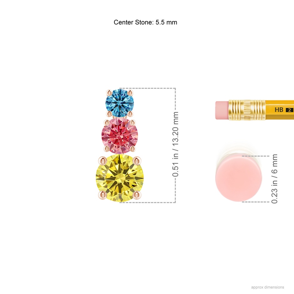 5.5mm AAAA Fancy Intense Multi-Color Diamond Three Stone Pendant in Rose Gold ruler