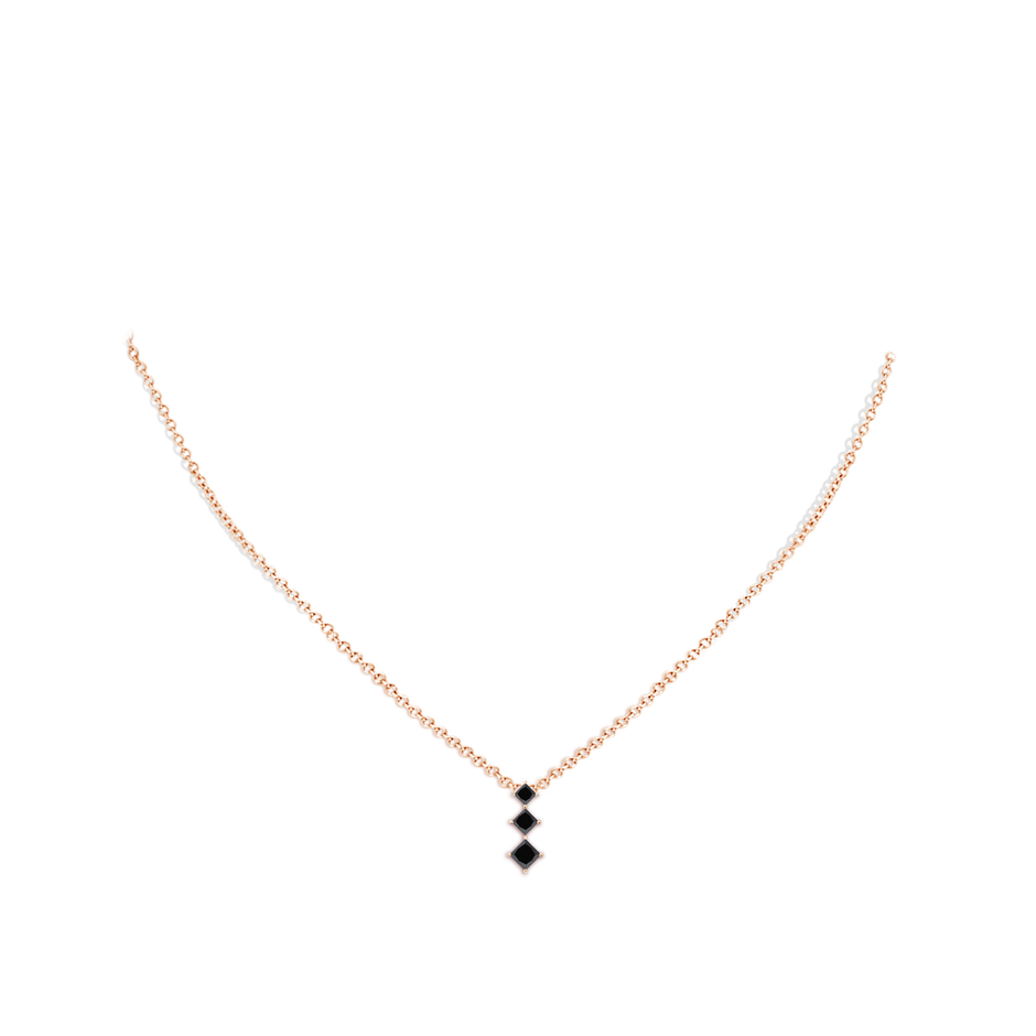 3.5mm A Princess-Cut Black Diamond Three Stone Pendant in Rose Gold body-neck