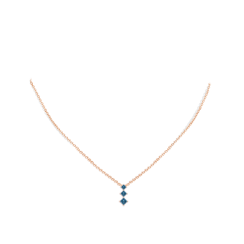 3.5mm AAA Princess-Cut Blue Diamond Three Stone Pendant in Rose Gold body-neck