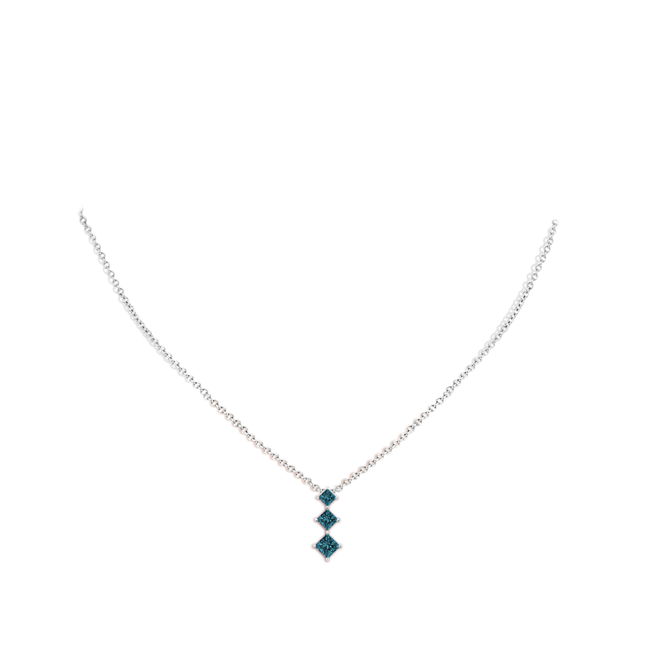 4.2mm AA Princess-Cut Blue Diamond Three Stone Pendant in White Gold body-neck