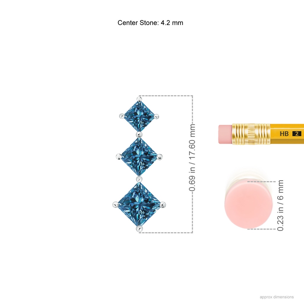 4.2mm AAA Princess-Cut Blue Diamond Three Stone Pendant in White Gold Ruler