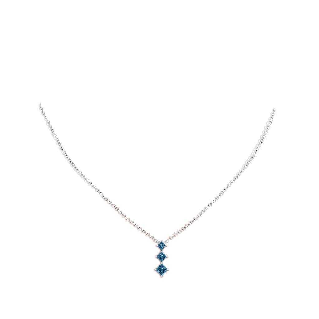 4.2mm AAA Princess-Cut Blue Diamond Three Stone Pendant in White Gold Body-Neck