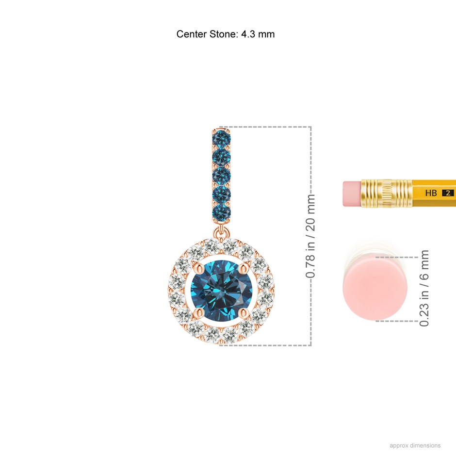 4.3mm AAA Round Blue Diamond Floating Halo Pendant in Rose Gold ruler