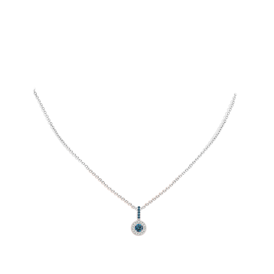 4.3mm AAA Round Blue Diamond Floating Halo Pendant in White Gold body-neck