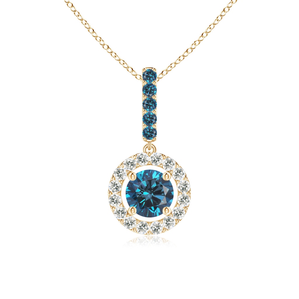 4.3mm AAA Round Blue Diamond Floating Halo Pendant in Yellow Gold