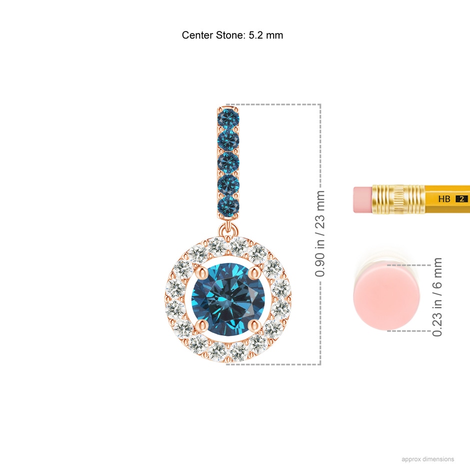 5.2mm AAA Round Blue Diamond Floating Halo Pendant in Rose Gold ruler