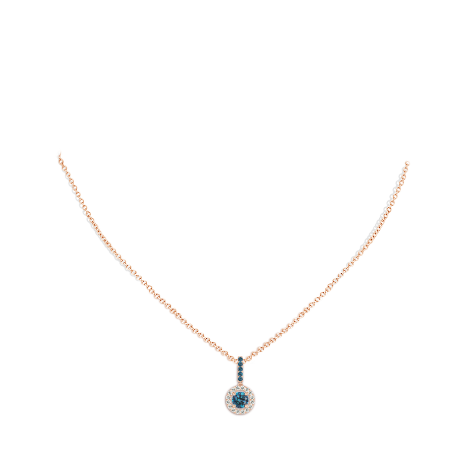 5.2mm AAA Round Blue Diamond Floating Halo Pendant in Rose Gold body-neck