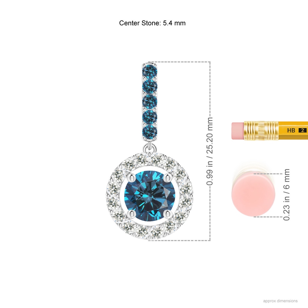 5.4mm AAA Round Blue Diamond Floating Halo Pendant in White Gold Ruler