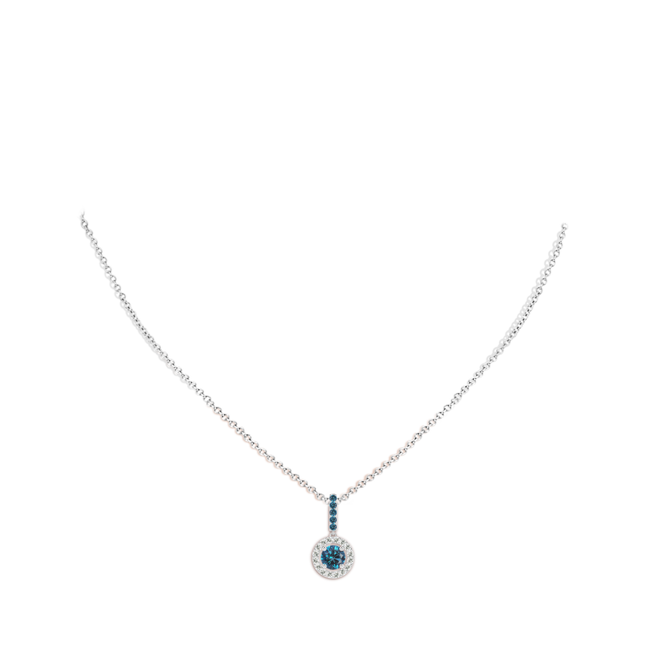 5.4mm AAA Round Blue Diamond Floating Halo Pendant in White Gold body-neck