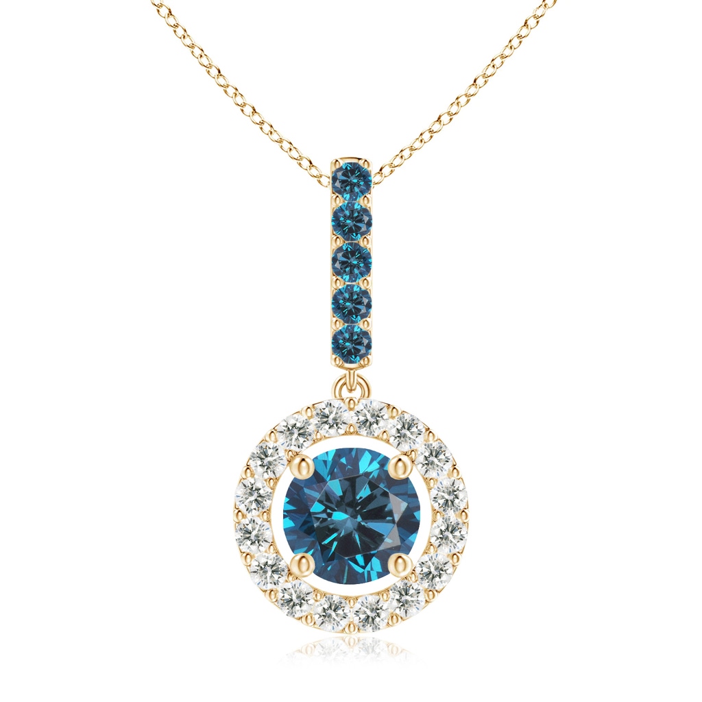 5.4mm AAA Round Blue Diamond Floating Halo Pendant in Yellow Gold